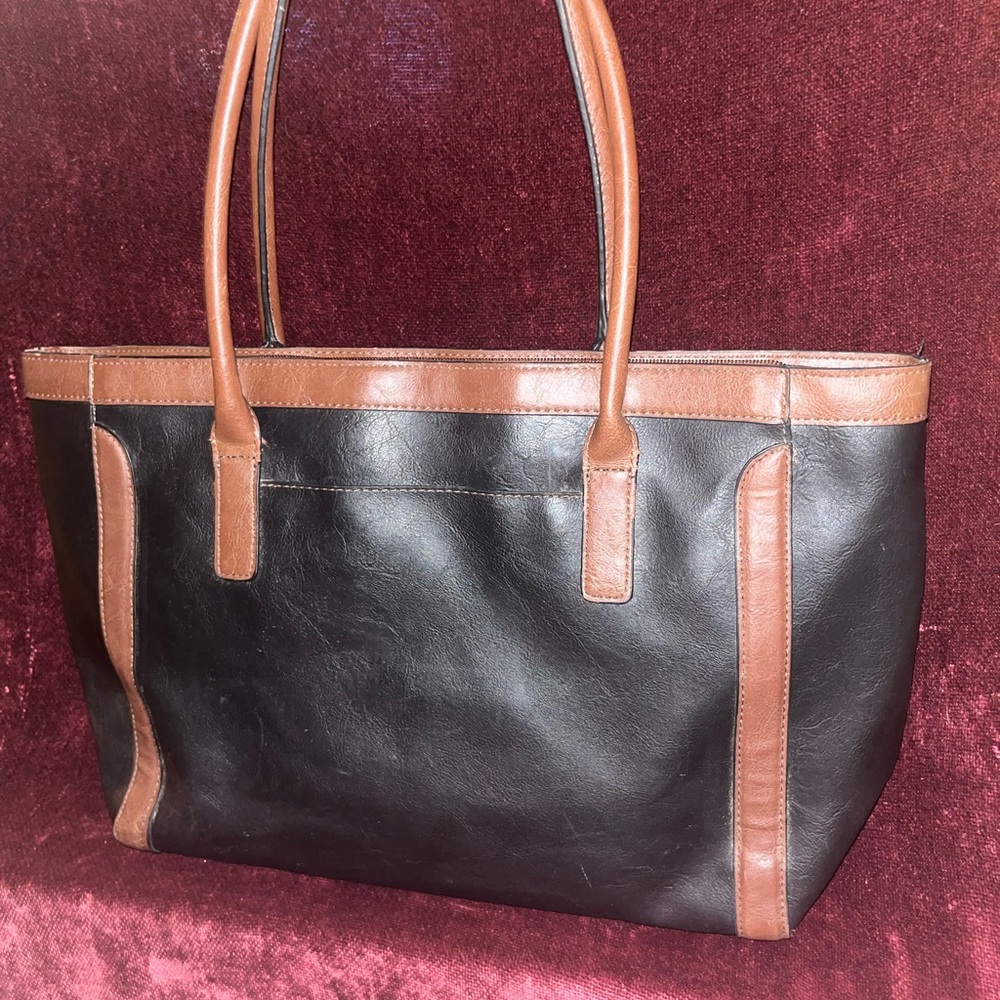 Merona Black and Brown Leather Tote Bag